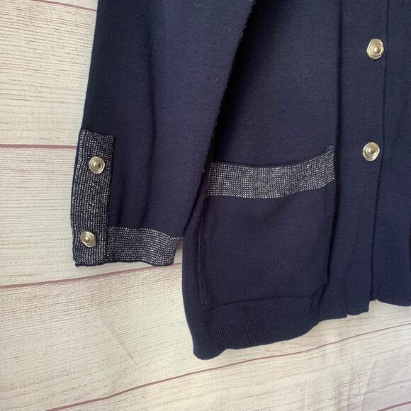Vintage Karen Lessly Navy Cardigan Silver Metallic Thread and Rose Buttons Large - Picture 5 of 13